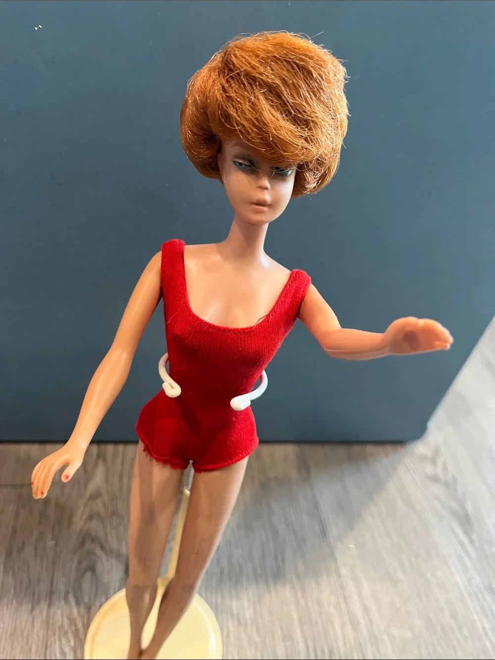 Vintage-Barbie bubble cut doll in red suit tear in left boob❤️